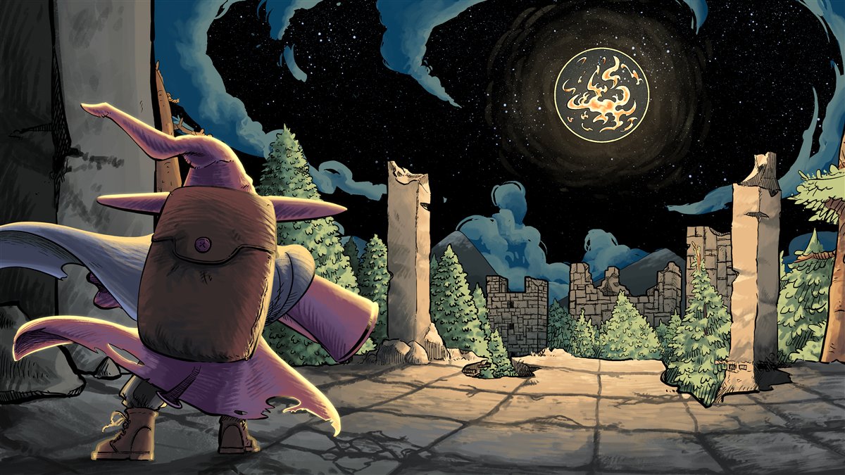 A cloaked adventurer looks toward ruined pillars and a glowing World Flame beneath a star-filled sky.